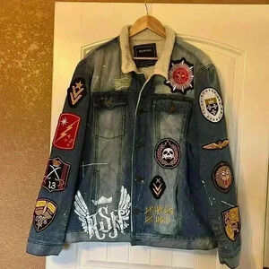 Reason Men's Blue Denim Jacket with Patches